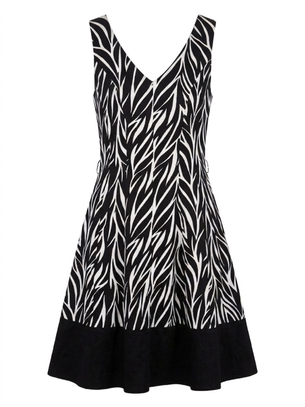 Black&White Zebra/Leaf Print Fit & Flare V-neck sleeveless knee length dress - M